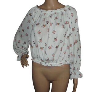 Arizona Jean Co Blouse Womens Jr XL white floral Peasant Crop boat Elastic Hem
